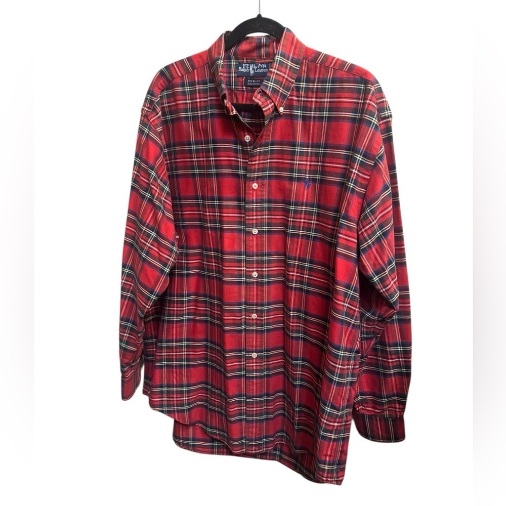 RALPH LAUREN Big Shirt Men’s MED Red Green Tartan Plaid Holiday Christmas EUC